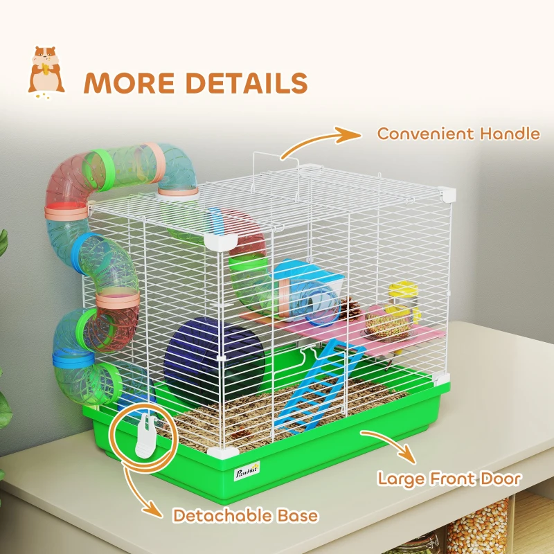 PawHut 18"L Hamster Cage, Small Animal House, 2-Level Rat Gerbil Haven with Tunnel Tube System, Green