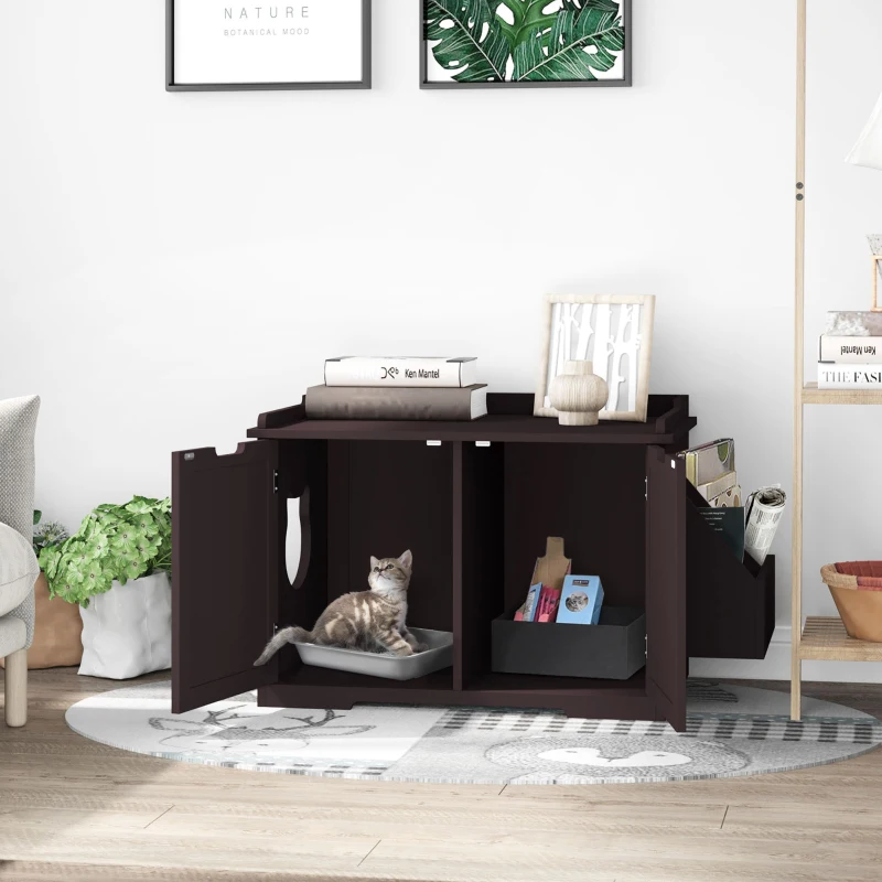 PawHut Wooden Cat Litter Box Enclosure, Hidden Cat Washroom, Kitten House with Nightstand End Table and Storage Rack Magnetic Doors, Brown