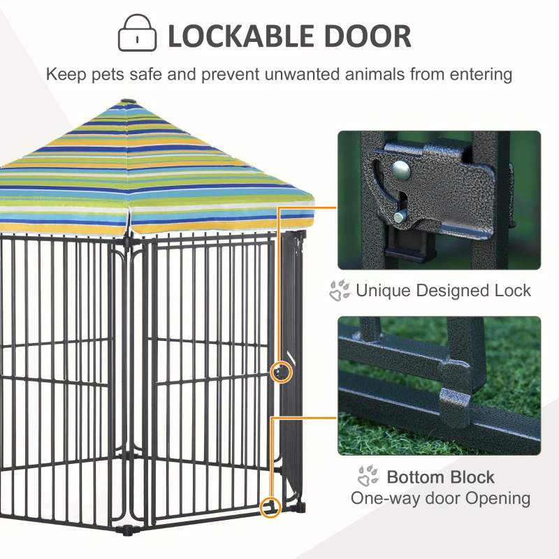 PawHut 60" x 52" Heavy-Duty Metal Dog Playpen, Outdoor Pet Cage Kennel, Puppy Exercise Fence Barrier with Weather-Resistant Polyester Roof, Locking Door and Solid Black Frame