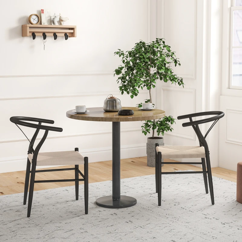 HOMCOM Set of 2 Weave Dining Chairs, Mid-Century Modern Dining Room Chairs with Y-Shaped Backrest and Hemp Seat, Black