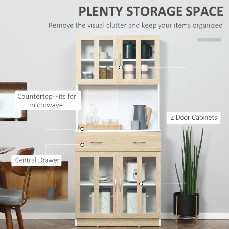 HOMCOM 71" Kitchen Buffet with Hutch, Freestanding Pantry Cupboard with Central Drawer, 2 Glass Door Cabinets and Countertop, White