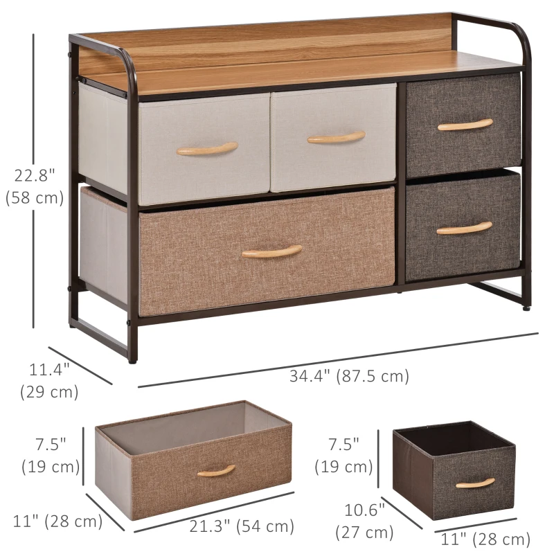 HOMCOM 5-Bin Dresser Storage Tower Cabinet Organizer Unit, Easy Pull Fabric Bins with Metal Frame for Bedroom