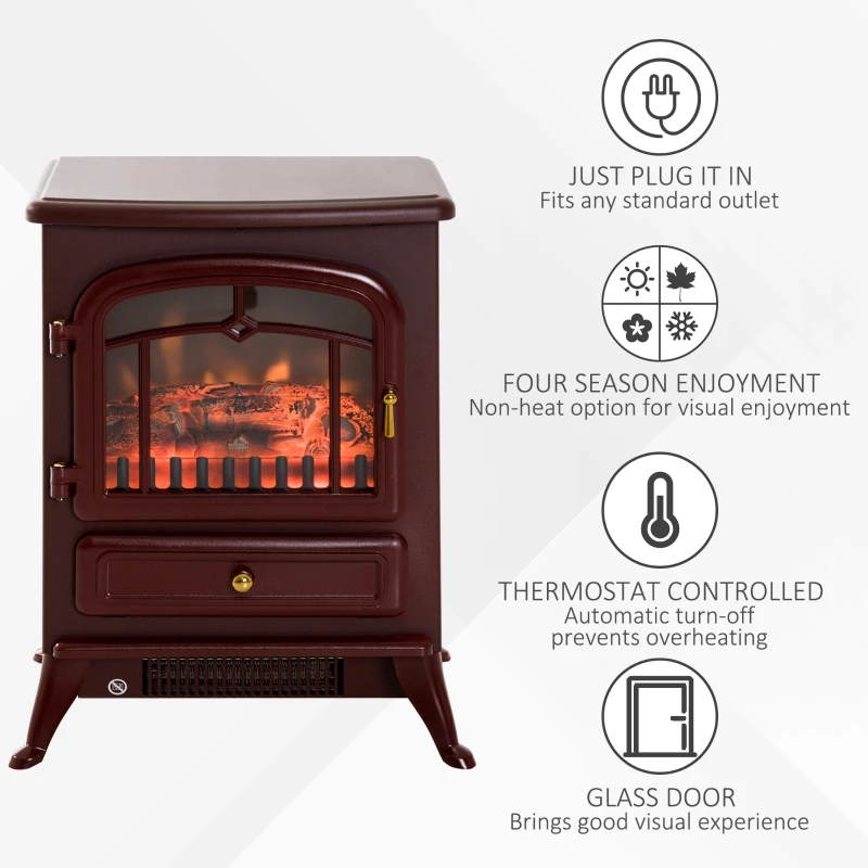 HOMCOM 16" Free Standing Electric Fireplace Portable Adjustable Stove with Heater Wood Burning Flame 750/1500W Red Brown