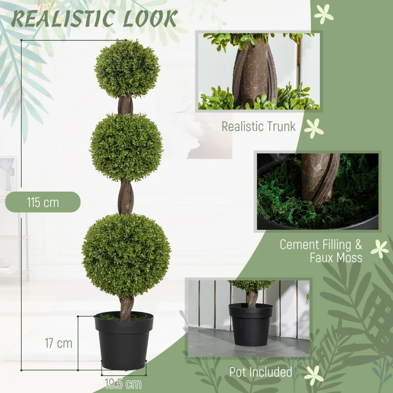 HOMCOM Set of 2 Artificial Ball Boxwood Topiary Trees, Fake Plants in Pots for Indoor Outdoor Decor, Green