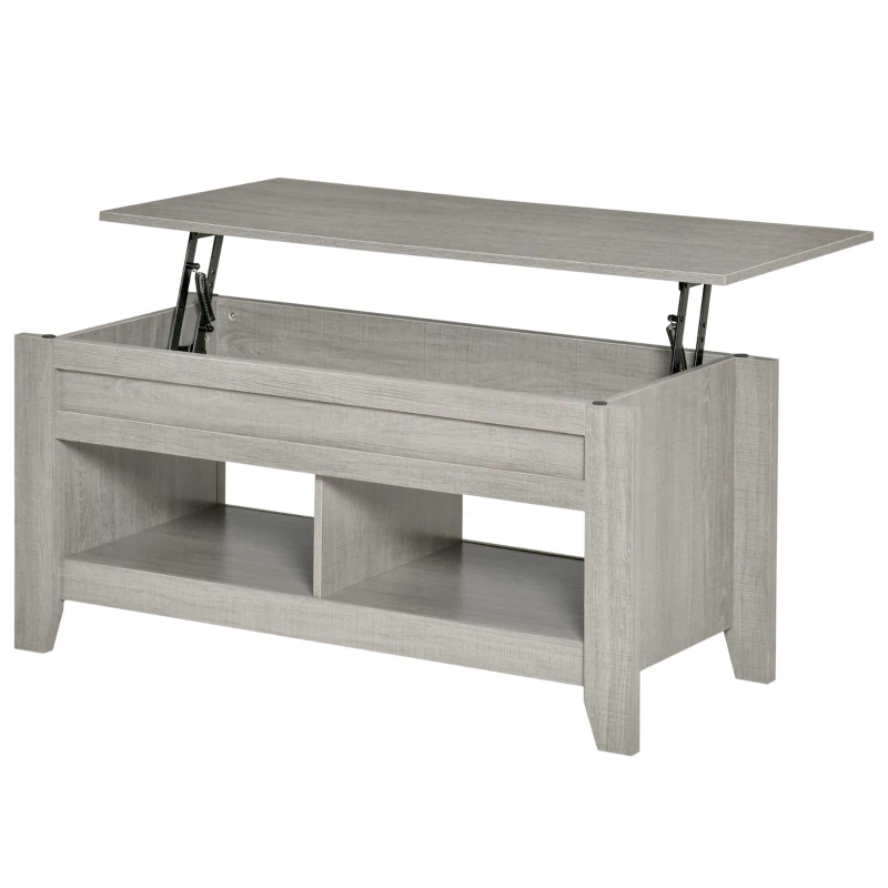 HOMCOM Lift Top Coffee Table with Hidden Storage Compartment and Open Shelves, Lift Tabletop Pop-Up Center Table for Living Room, Light Grey