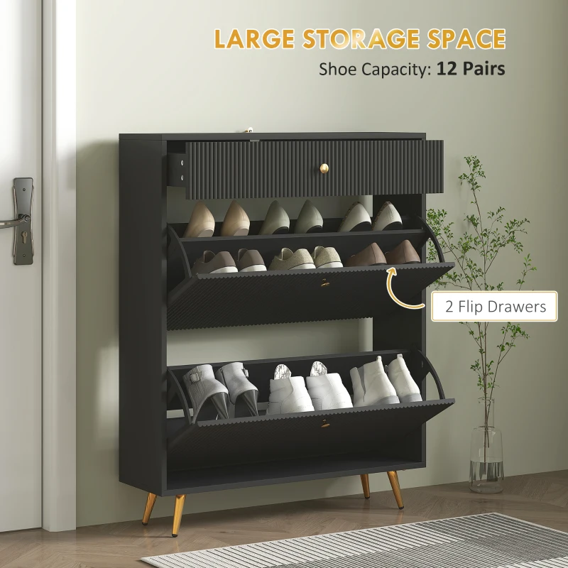 HOMCOM Narrow Shoe Storage Cabinet with Wave-like Panels and Adjustable Shelves for 12 Pairs of Shoes, Black