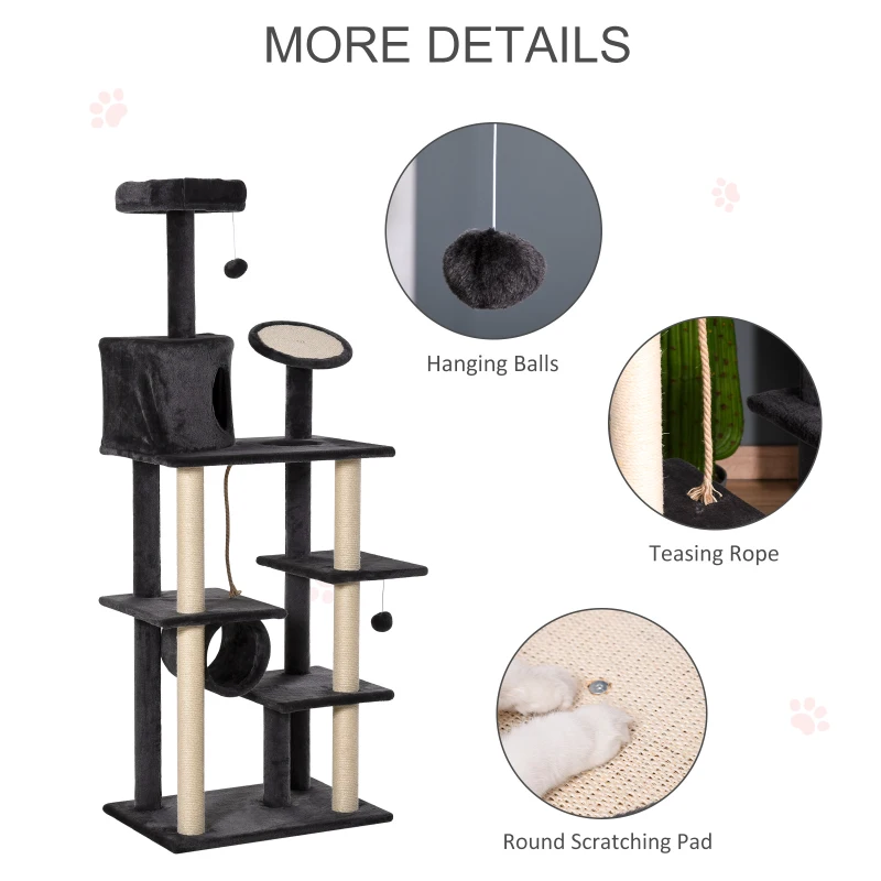 PawHut 67.75" Cat tree Tower Climbing Kitten Activity Center Furniture with Jute Scratching Post Pad Condo Perch Hanging Balls Tunnel Teasing Rope Dark Grey