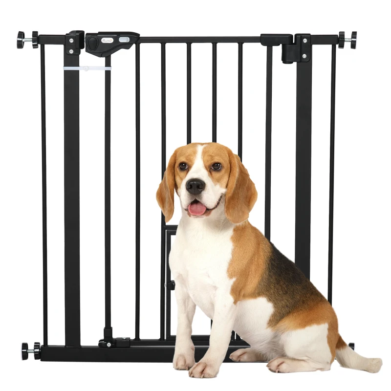 PawHut Retractable Gate Extra Wide Press-Mounted with Cat Door, Auto Closing Pet Gate for Stair, Hallway, 29-32 Inch