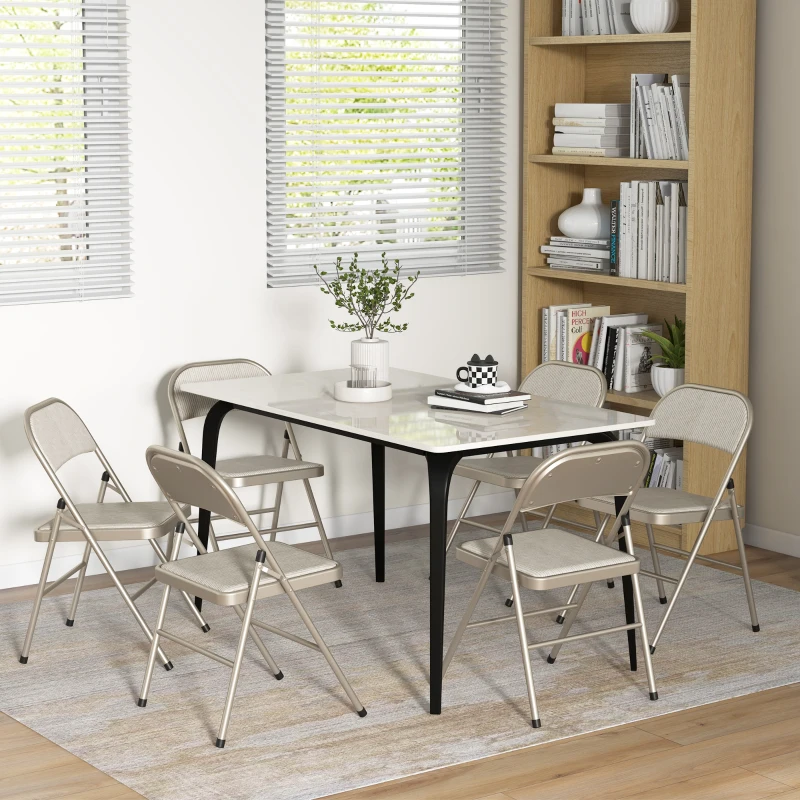 HOMCOM Set of 6 Metal Foldable Chairs, Faux Linen Padded Folding Chairs with Cushion Seat and Open Back for Indoor, Beige