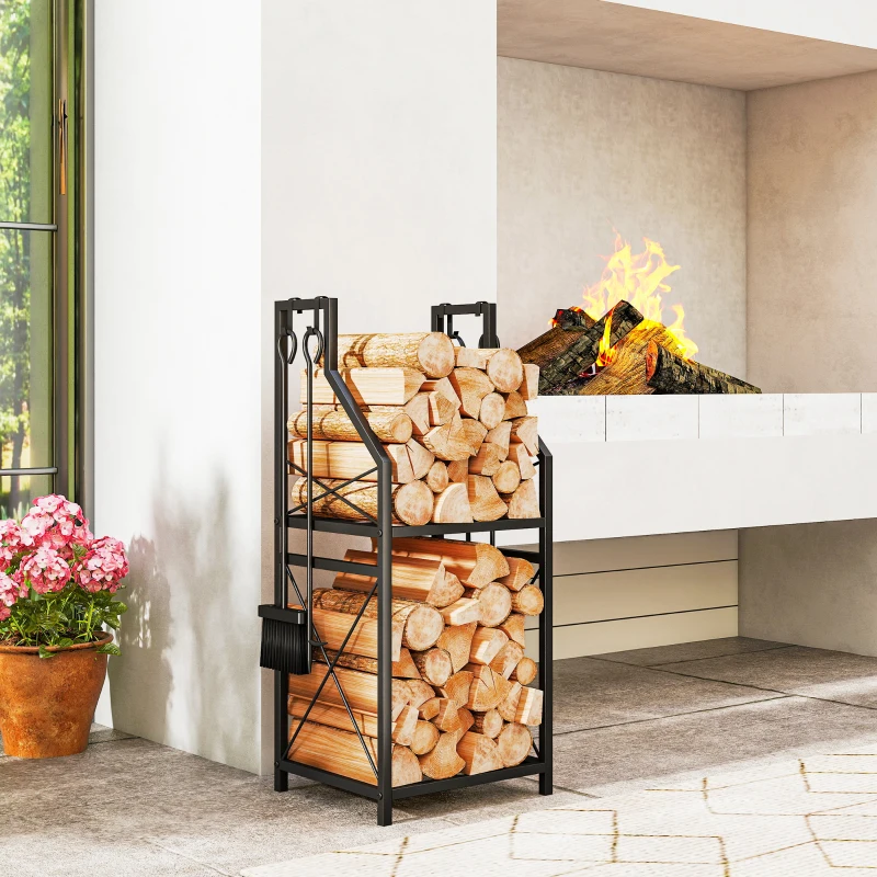 Outsunny Firewood Rack with 4 Fireplace Tools, 2-Tier Metal Log Holder with Hooks, 132 lbs Capacity for Indoor Outdoor, Black