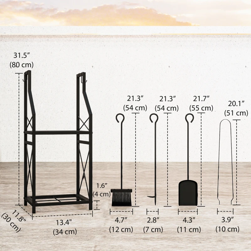 Outsunny Firewood Rack with 4 Fireplace Tools, 2-Tier Metal Log Holder with Hooks, 132 lbs Capacity for Indoor Outdoor, Black