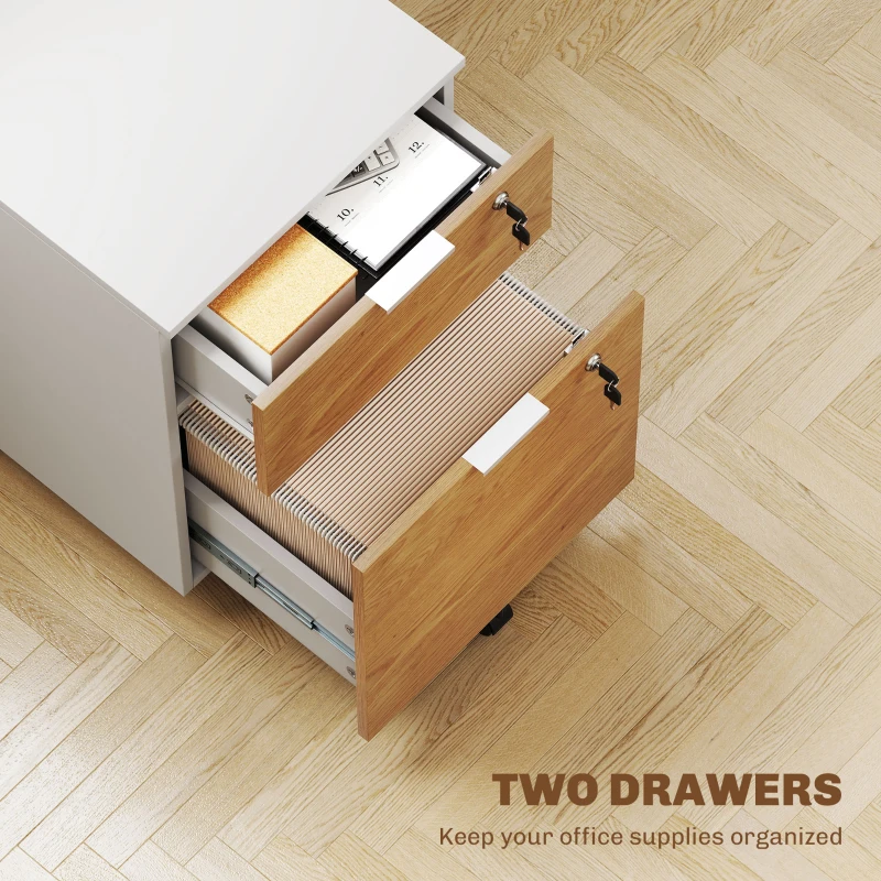 HOMCOM 2 Drawer Small Filing Cabinet Lockable Office Storage Cabinet with Hanging Bars for A4 Letter White Nature Wood