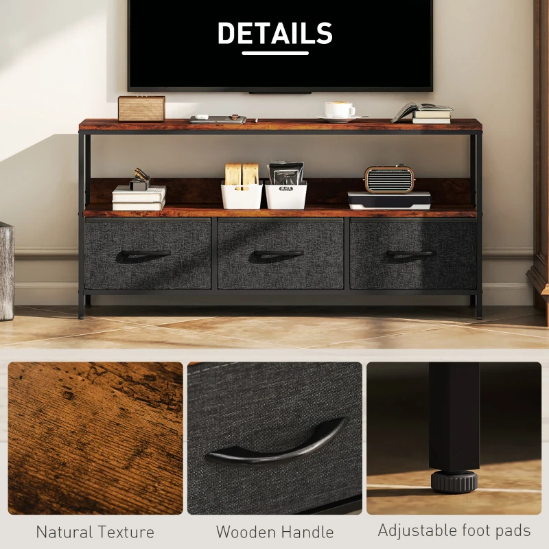 HOMCOM TV Stand with Charging Station, TV Table with 3 Foldable Linen Drawers and Open Shelf for 55 Inch Television, Rustic Brown