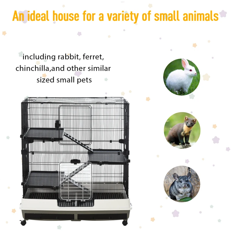PawHut 43" Small Animal Cage with Wheels, 4-Level Portable Bunny Cage, Chinchilla Ferret Cage with Removable Tray, Platform and Ramp