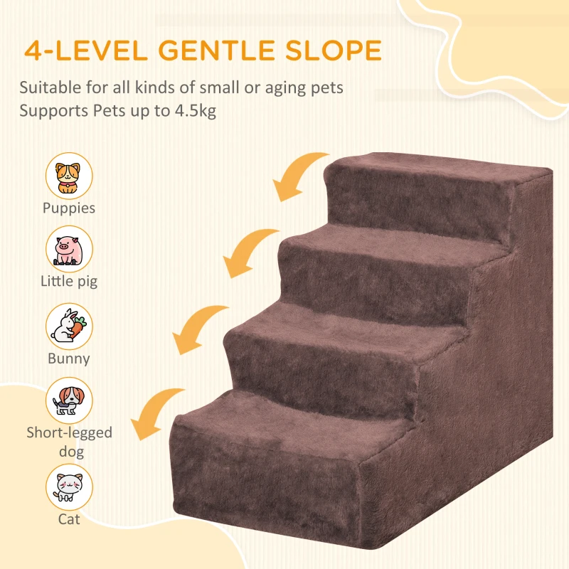 PawHut 4-Step Dog Ramp for Sofa, Bed, and Couch, with Removable Cover, Brown(m-4)