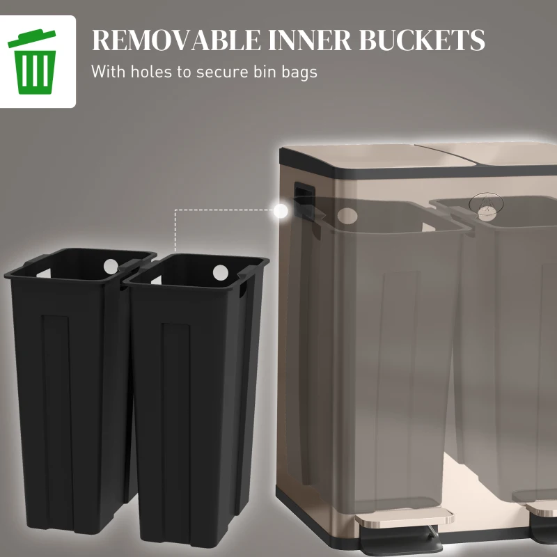 HOMCOM Garbage Bin, Soft-Close Trash Can with Foot Pedal, 2x5 Gal (2x20 L) Garbage Can with Removable Inner Buckets, Gold