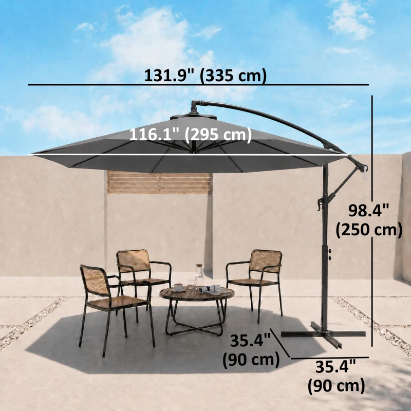 Outsunny Φ10' Deluxe Patio Umbrella Outdoor Market Parasol Banana Hanging Offset Sunshade Crank Cross Base Grey