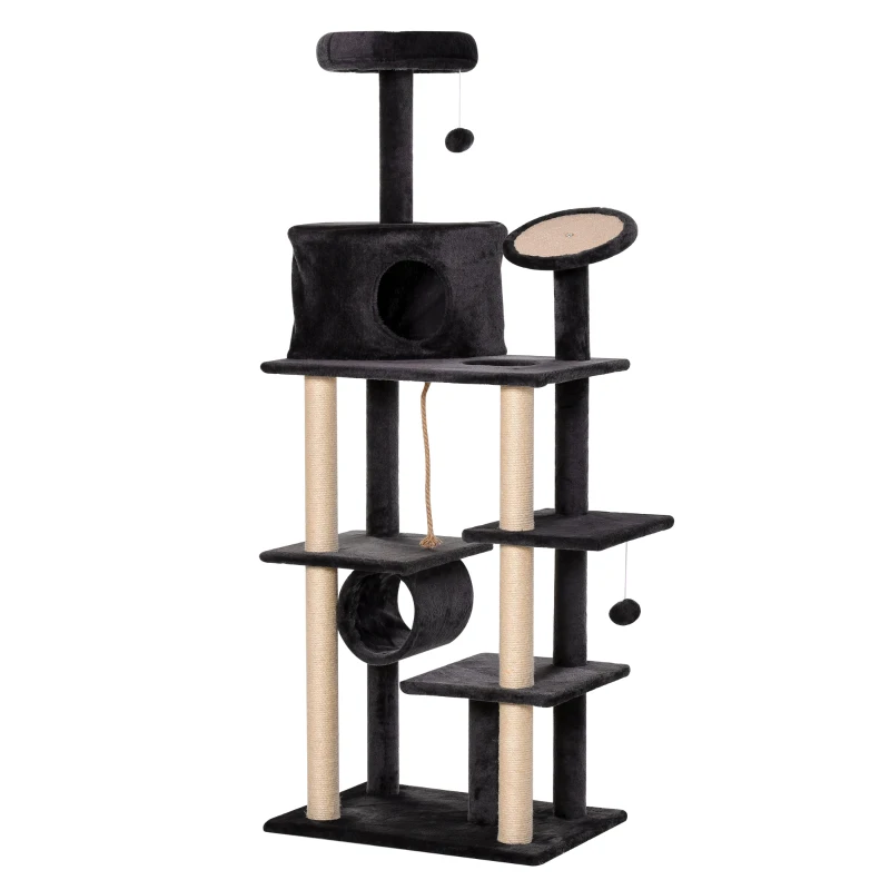 PawHut 67.75" Cat tree Tower Climbing Kitten Activity Center Furniture with Jute Scratching Post Pad Condo Perch Hanging Balls Tunnel Teasing Rope Dark Grey