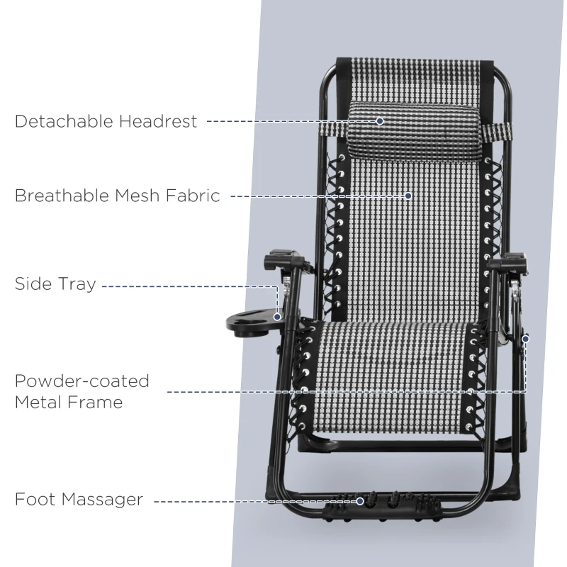 Outsunny 3 Pieces Foldable Patio Lounge Chair, Zero Gravity Chair Set of 2 with Side Table and Cup Holder, Reclining Chairs with Foot Massager Function, Headrest, Grey and Black