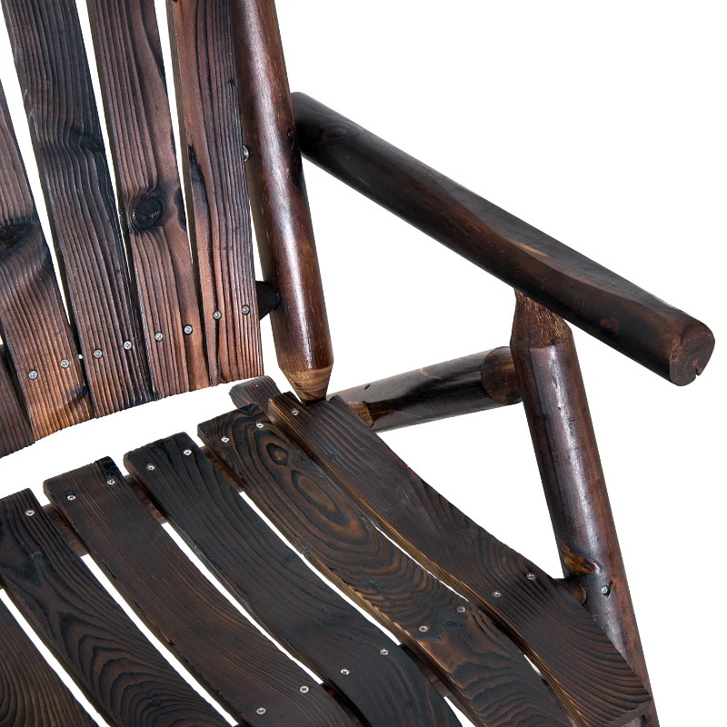 Outsunny Outdoor Rocking Chair, Wooden Adirondack Outdoor Rocker with High Back, Slatted Seat, Oversized Rustic Patio Rocking Chair for Garden, Porch, Yard, Balcon, Dark Carbonized
