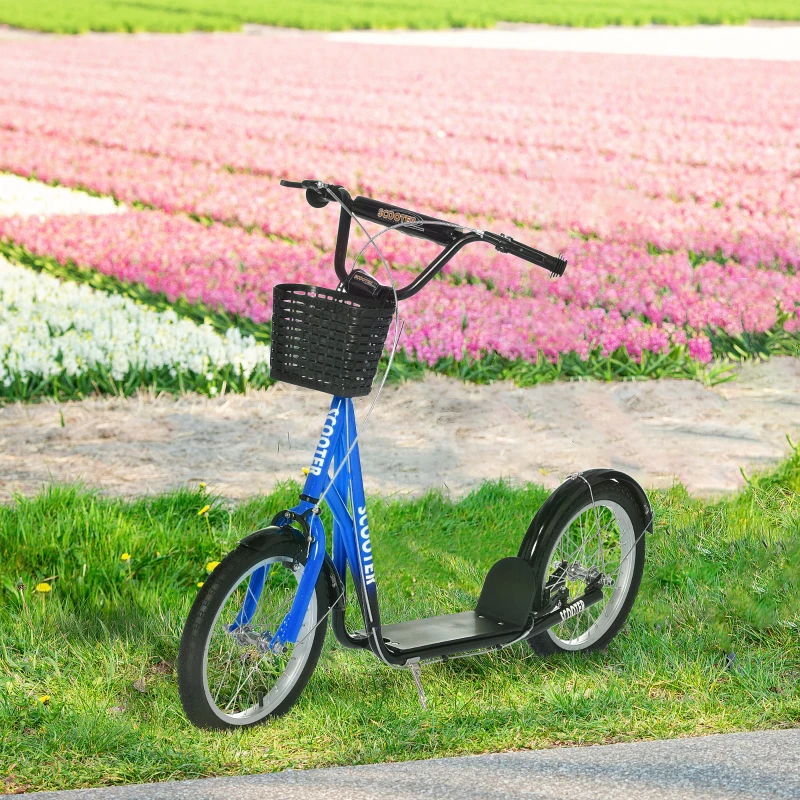 Aosom Kick Scooter with Adjustable Handlebar, Kids Scooter with 2 Brakes Basket Cupholder 16" Inflatable Rubber Tyres Blue