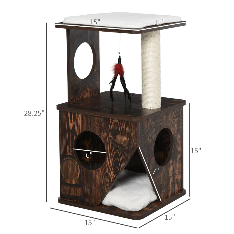 PawHut 2-Level Cat Tree Wooden Activity Tower for Pets with Super Soft Cushions, Fun Cat Feather Rope, and Scratch Posts