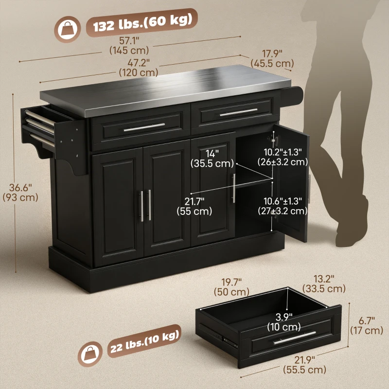 HOMCOM Rolling Kitchen Island with Storage and Stainless Steel Top, Kitchen Trolley with Drawers, Cabinets, Towel Rack