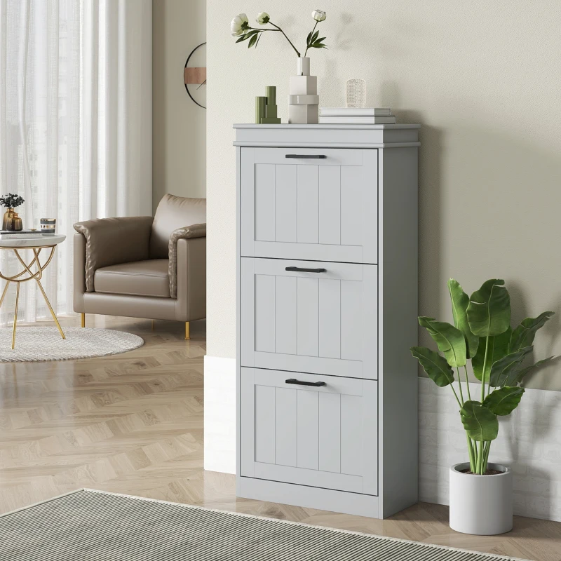 HOMCOM Slim Shoe Cabinet with 3 Flip Drawers and Adjustable Shelves, Narrow Shoe Cabinet for 15 Pairs of Shoes, Grey