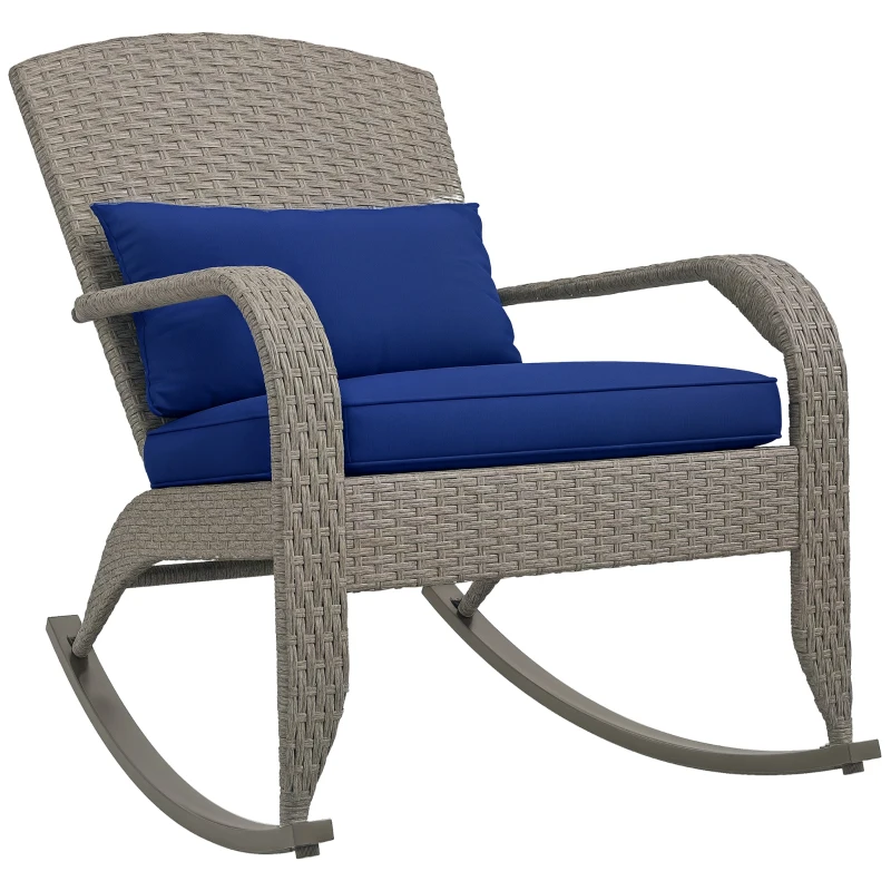 Outsunny Adirondack Chair, Outdoor Wicker Rocking Chair with High Back, Seat Cushion and Pillow for Porch, Balcony, Dark Blue