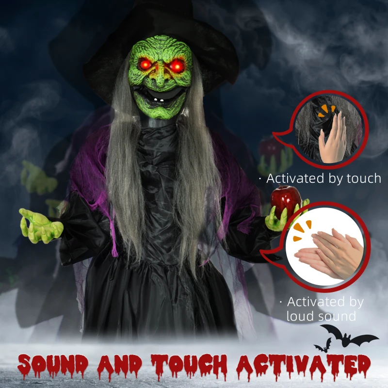 HOMCOM 5.9' Life Size Decoration Animatronic Old Witch Outdoor Halloween, Sound and Motion Activated w/ Light Up Eyes