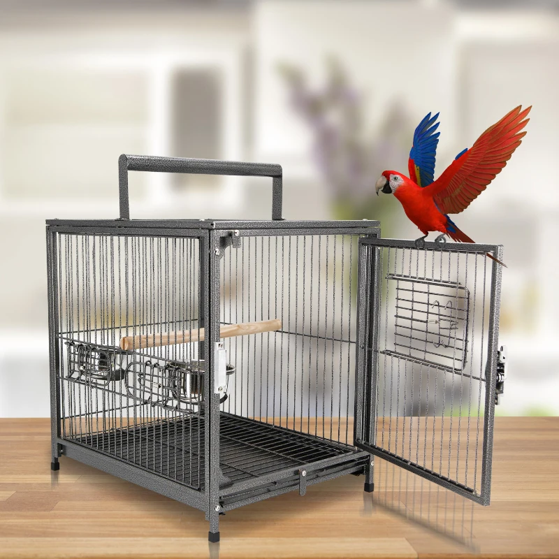 PawHut 18" Heavy Duty Wrought Iron Travel Bird Cage Carrier With Handle Perch And Accessories - Black
