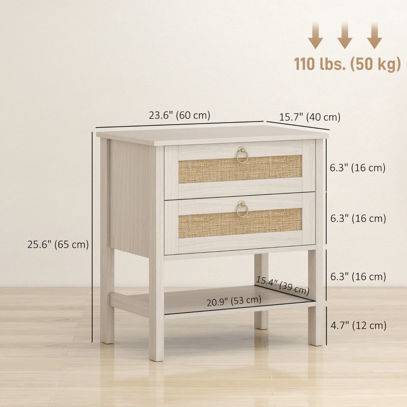 HOMCOM Set of 2 Boho Bedside Tables, Rattan Nightstands with 2 Drawers, Storage Shelf, End Side Tables for Bedroom, White Oak