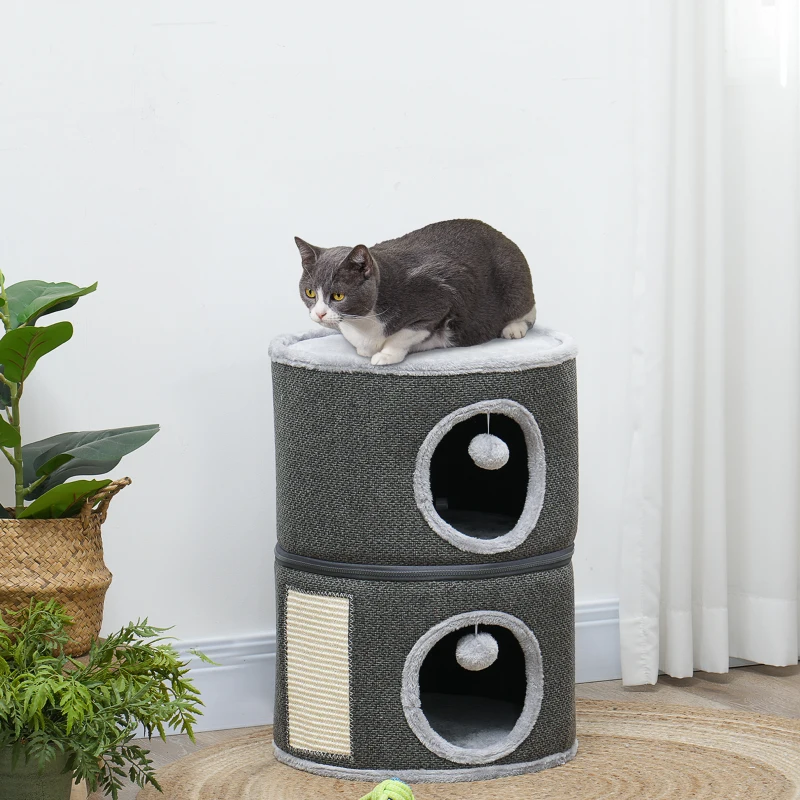 PawHut 2-Story Cat Condo Barrel Tree with Top Perch, 2 Hideaways, Scratching Board, Removable Cushions, Toy Balls, Dark Grey