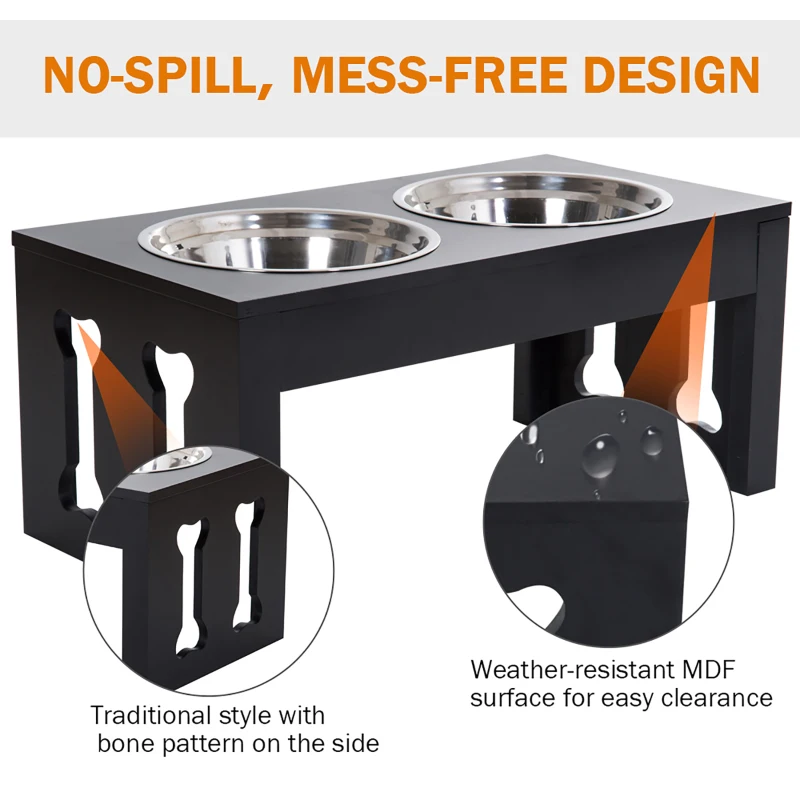 PawHut 23" Modern Decorative Raised Dog Bowls, Wooden Heavy Duty Pet Food and Water Bowl, Elevated Feeding Station, Black