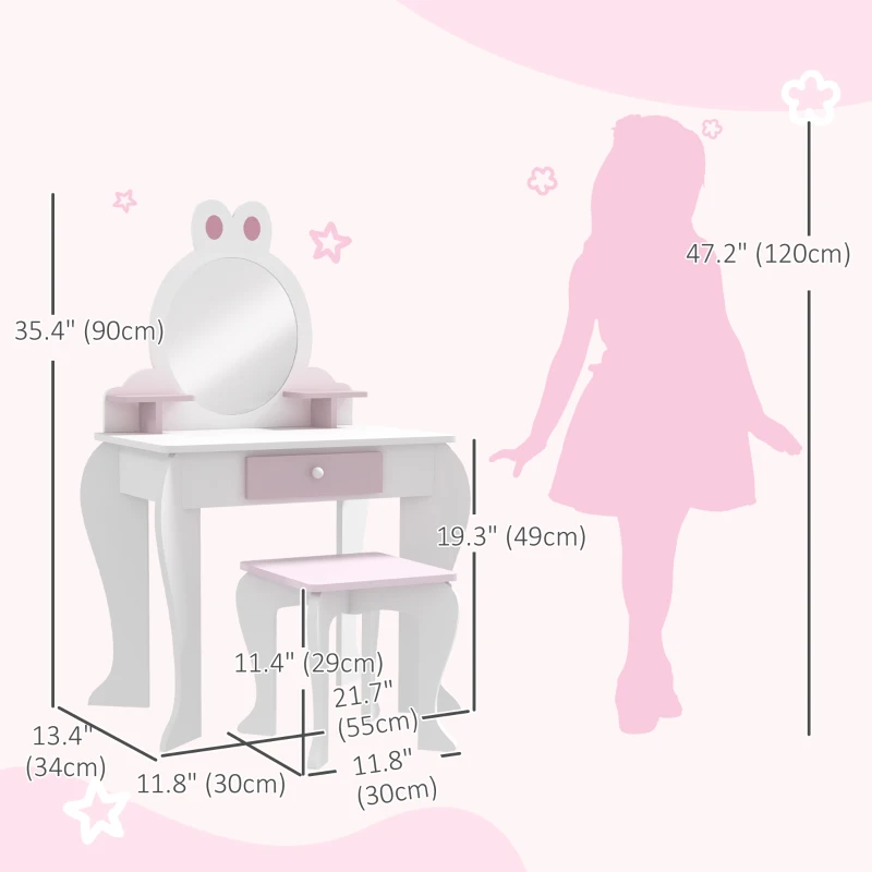 Qaba Kids Makeup Vanity Set with Stool, Mirror, Drawer, Storage Boxes, Rabbit Design, White