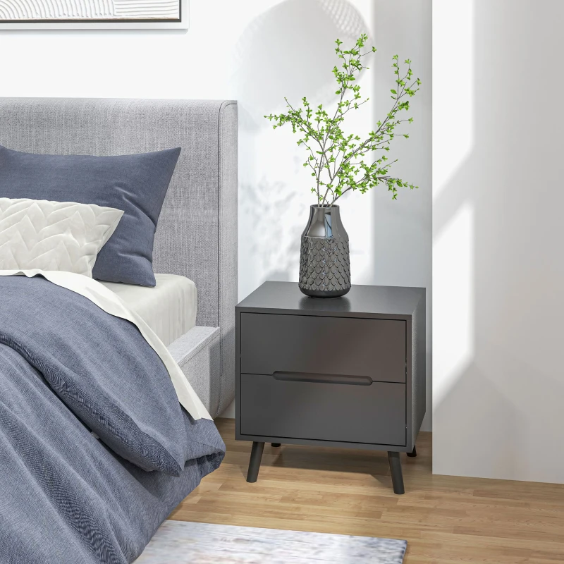 HOMCOM Modern Nightstand, Night Table with 2 Drawers, Bed End Table with Solid Wood Legs for Bedroom