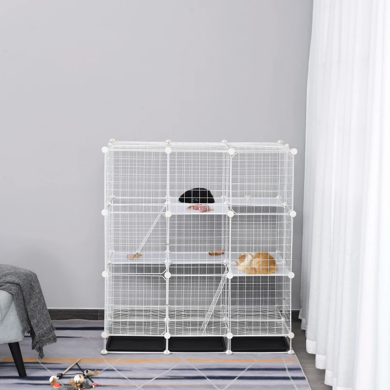 PawHut Small Animal Playpen C&C Cage Wire Bunny Pen for Kitten, Chinchillas, with Doors, Ramps and Trays, White