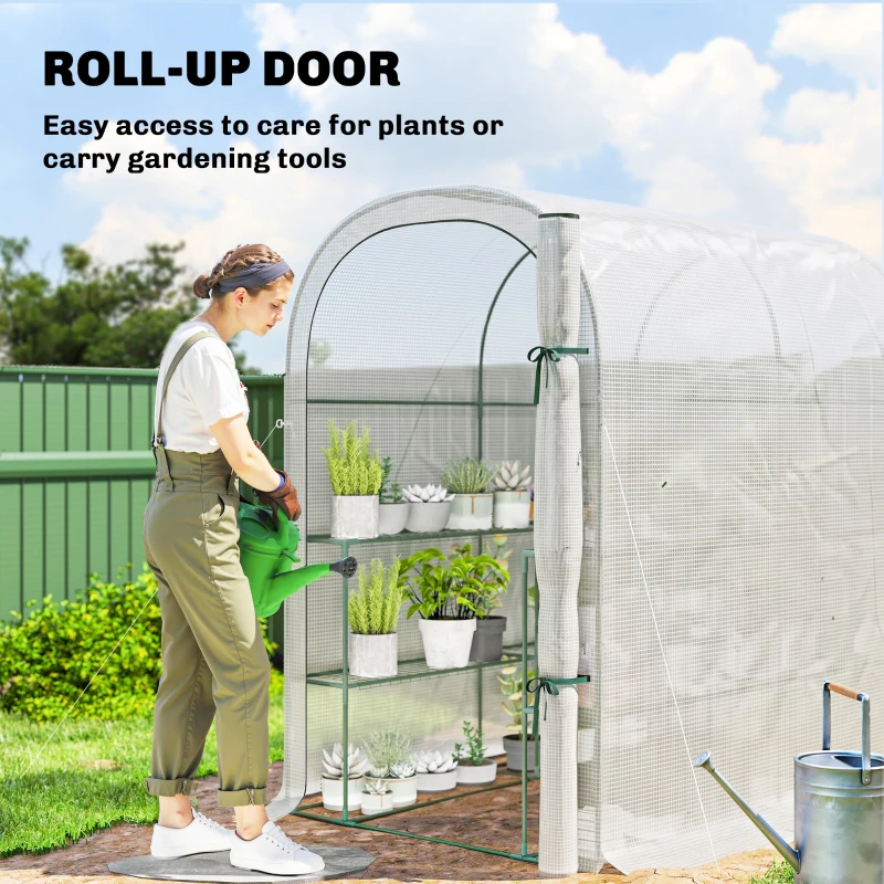 Outsunny Walk-in Mini Greenhouse with Shelves, Portable Outdoor Greenhouse with Roll-up Door, 48.4" x 73.6" x 74.4", White