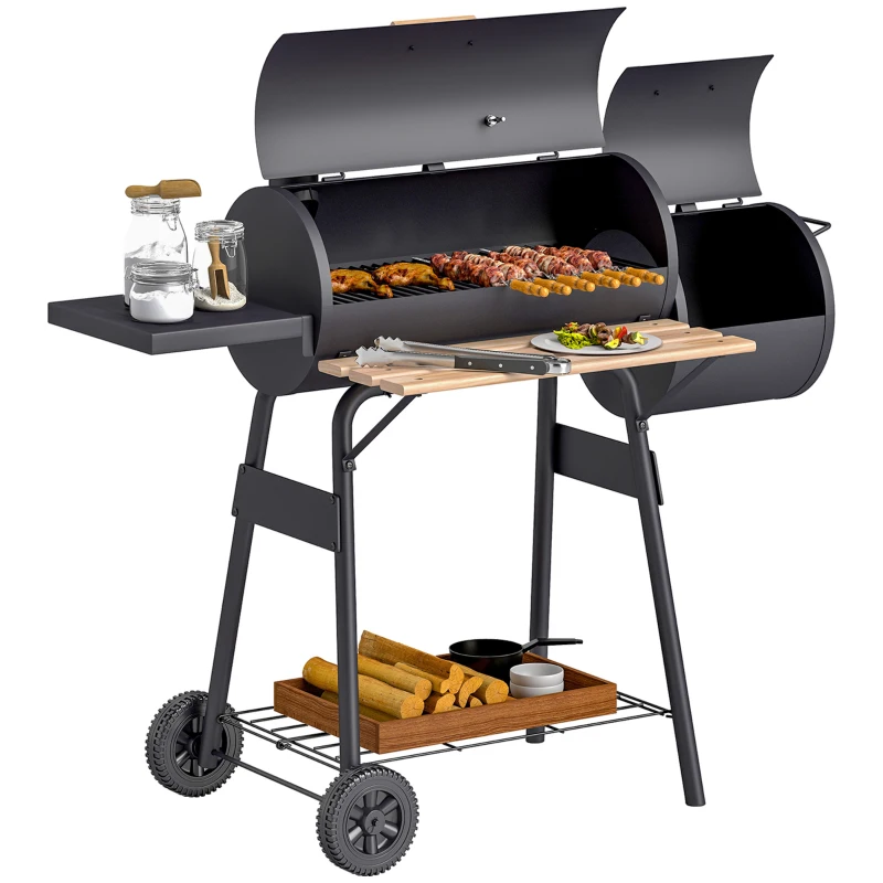 Outsunny Charcoal BBQ Grill with Offset Smoker Portable Backyard Cooking Smoker, 124 x 53 x 104 cm, Black