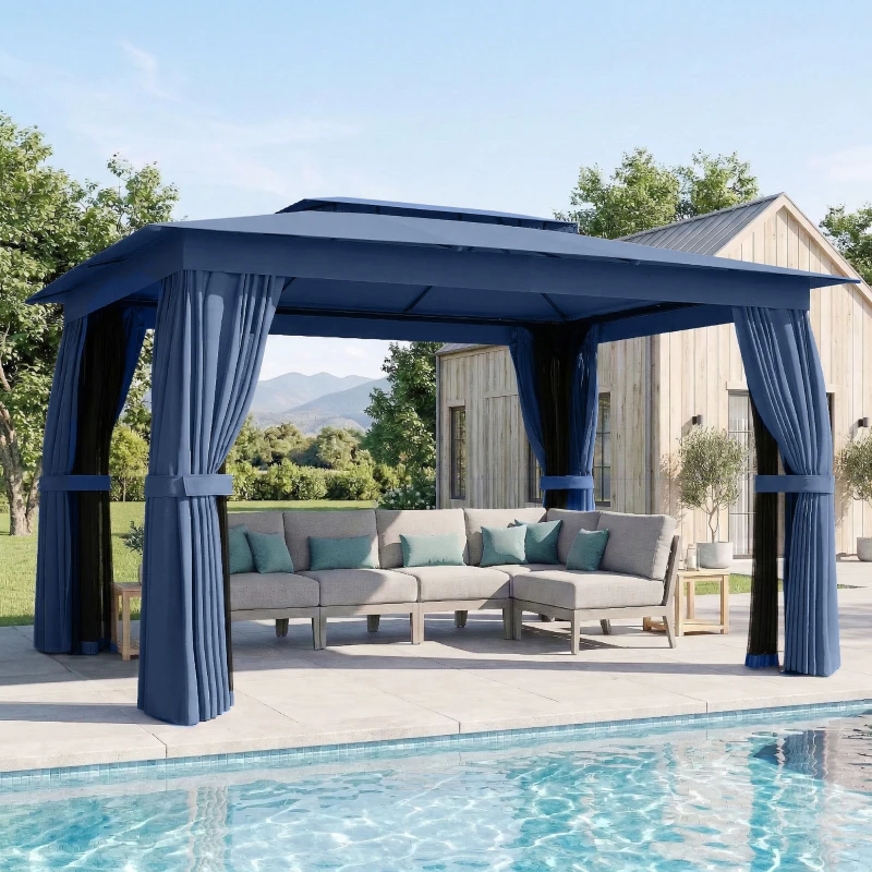 Outsunny 10' x 12' Outdoor Patio Gazebo, Soft Top Gazebo Canopy Shelter with Curtains, Netting, Steel Frame, Hooks, Blue