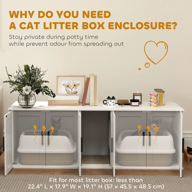 PawHut Cat Litter Box Enclosure with Double Room, Scratching Board for 2 Cats, 57" x 19" x 20", White