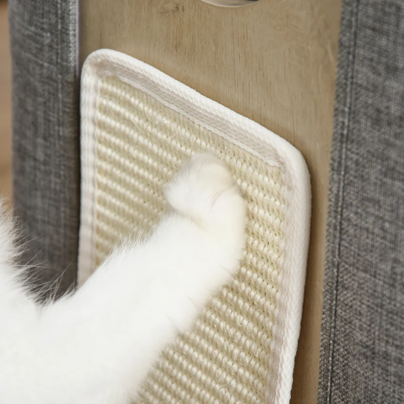 PawHut Wooden Cat Condo 3 Story Barrel Tower w/ Perch Removable Cover Cushions Sisal Scratching Carpet, Grey