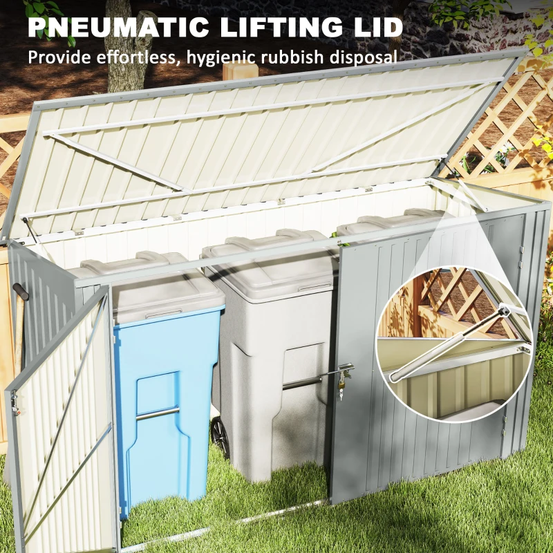 Outsunny 7.6 x 3.4ft Outdoor Storage Shed, 3 Garbage Bin Shed Organizer with Lockable Double Doors, Openable Lid, Silver Grey