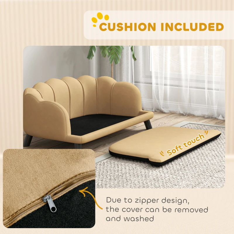 PawHut Pearl Design Pet Sofa for Medium and Large Sized Dogs, Pet Bed with Cushion and Solid Wood Legs, Coffee