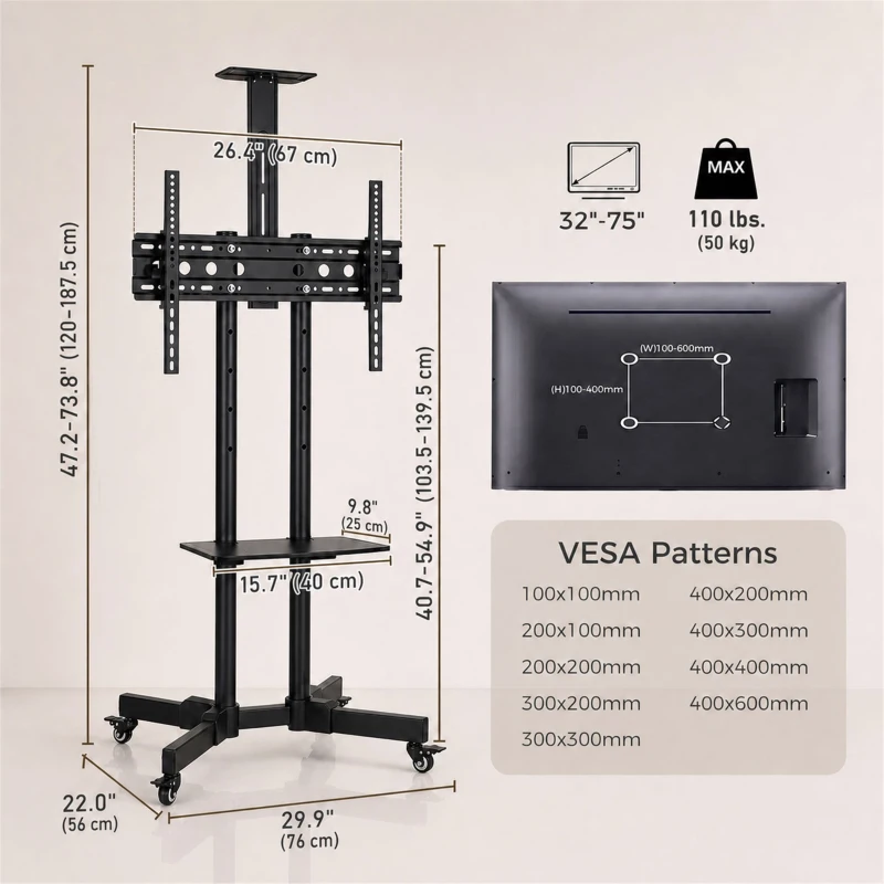 HOMCOM Rolling TV Stand for 32-75 Inch Screens, Mobile TV Stand with Tilt, Height Adjustable, Locking Wheels, Black