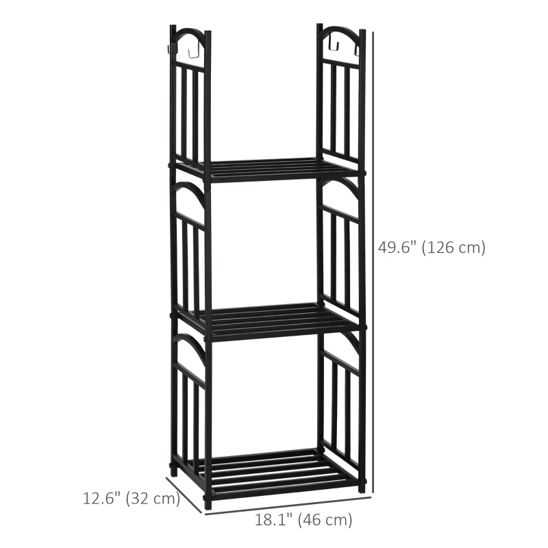 Outsunny 3-Tier Firewood Rack Heavy Duty Wood Storage Log Stacking Shelf with Hanging Hooks, Outdoor Indoor Use, Black