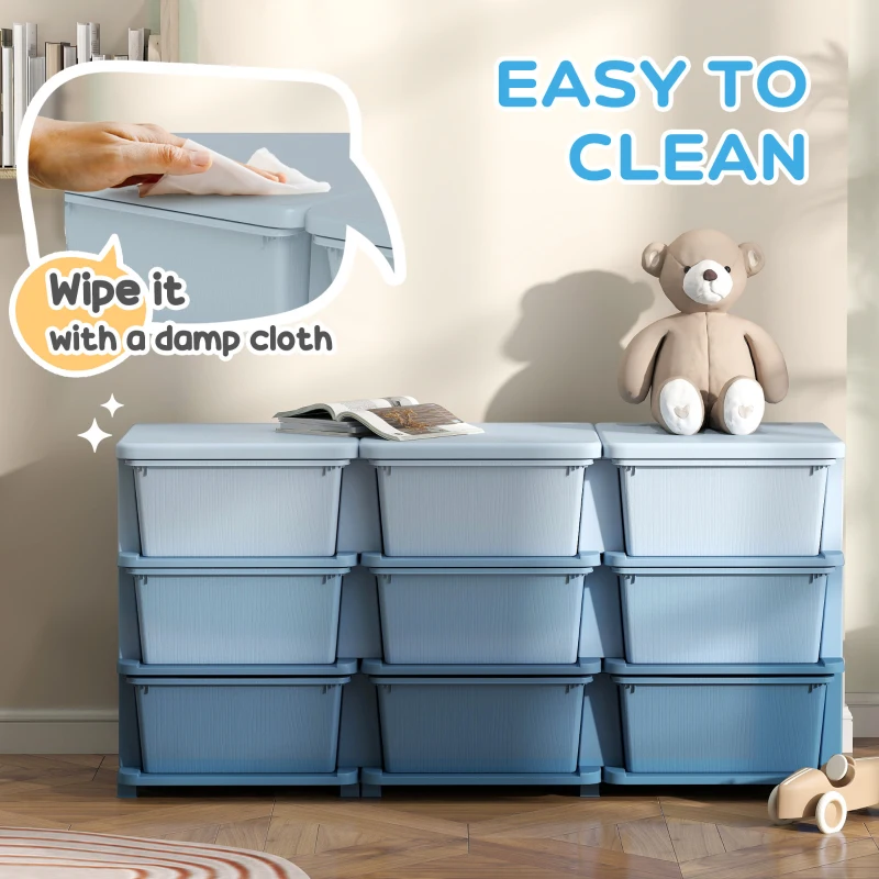 Qaba 3 Tier Kids Toy Organizer and Storage Bins with 9 Plastic Drawers, Blue