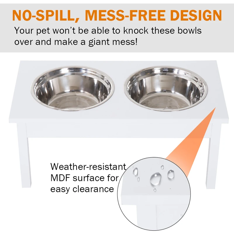 PawHut 23" Wooden Heavy Duty Dog Food Bowls Pet Elevated Feeding Station -White