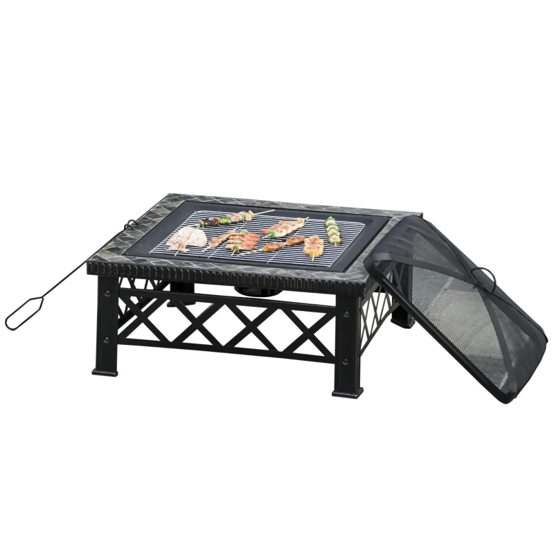 Outsunny Outdoor Steel Square Firepit Square Stove with Spark Screen Cover, Log Grate, Poker, 30" x 30" x 18.5", Black
