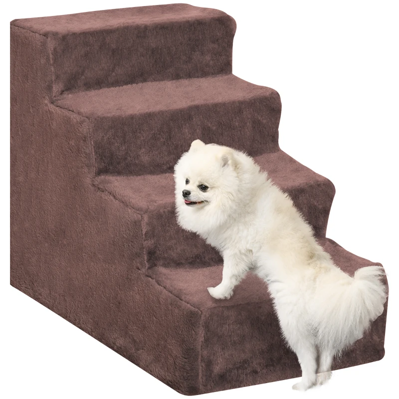 PawHut 4-Step Dog Ramp for Sofa, Bed, and Couch, with Removable Cover, Brown(m-9)